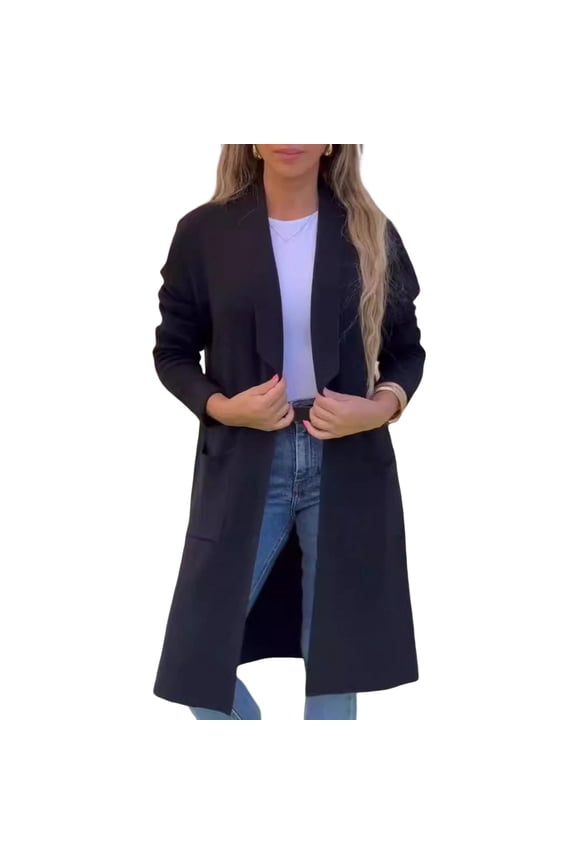 Women Woolen Jacket Turn-down Collar Solid Color Knitted Coat Mid Length Thermal Long Sleeved Commuting Dating Spring Fall Winter Overcoat