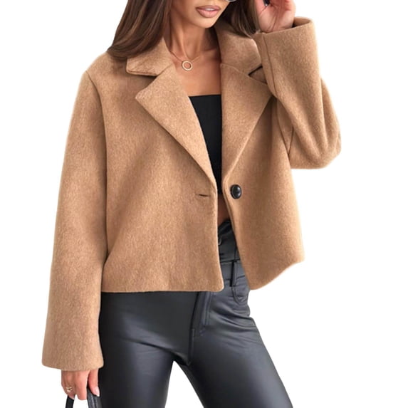 Women Woolen Jacket Turn-down Collar Solid Color Single Button Closure Coat Loose Short Type Thermal Long Sleeved Commuting Dating Spring Fall Winter Coat
