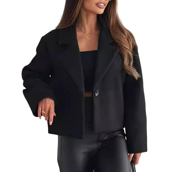 Women Woolen Jacket Turn-down Collar Solid Color Single Button Closure Coat Loose Short Type Thermal Long Sleeved Commuting Dating Spring Fall Winter Coat