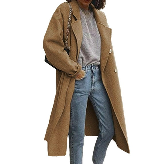 Women Woolen double-breasted Trench Coat Long Sleeve Pea Coat Open Front Long Jacket Overcoat Outwear