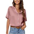 thumbnail image 1 of Women Work Blouses Notch V Neck Button Down Shirt V Neck Short Sleeve Pleated Tunic Tops Solid Basic Office Blouse, 1 of 5