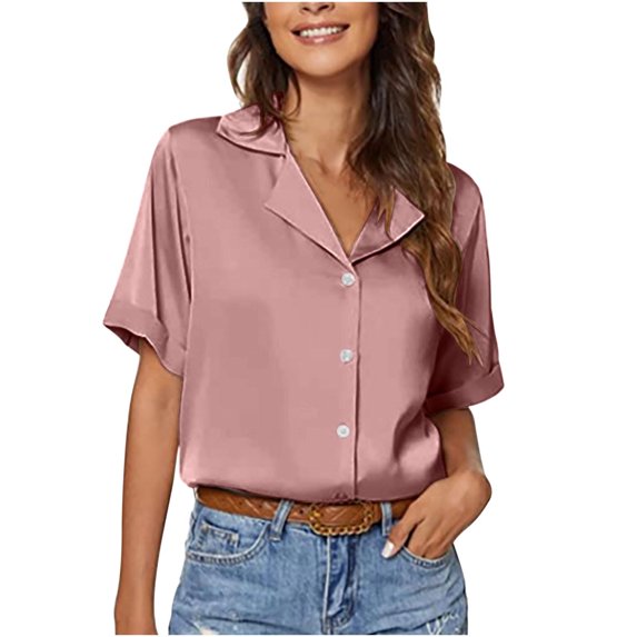 Women Work Blouses Notch V Neck Button Down Shirt V Neck Short Sleeve Pleated Tunic Tops Solid Basic Office Blouse