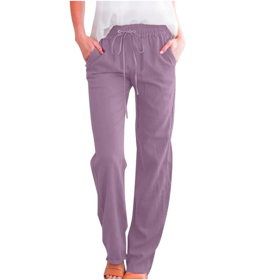 Women Work Pants New Pants for Women Casual 2024 Drawstring Elastic High Waist Linen Pant Straight Wide Leg Long Trouser Cotton Pants for Women Purple XL New
