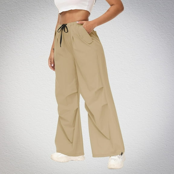 Women Work Pants Long Women's Casual Elastic Tie Waist Loose Long Pants With Pocket Full Length Pants Khaki L