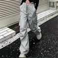 thumbnail image 1 of Women Work Pants Plus Size Women New Pants Sense Of Casual Sports Pants Drawstring Cargo Pants Wide-leg Style Multiple Pockets High Waisted Light Blue S, 1 of 6