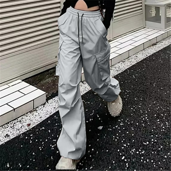Women Work Pants Plus Size Women New Pants Sense Of Casual Sports Pants Drawstring Cargo Pants Wide-leg Style Multiple Pockets High Waisted Light Blue S