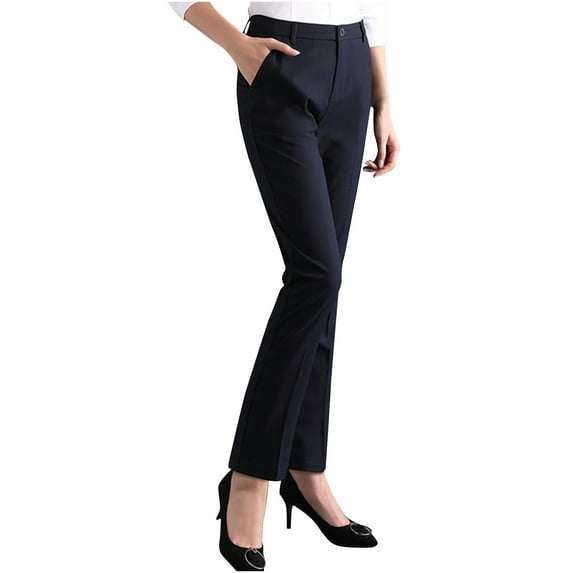 Women Work Pants Stretchy Straight Leg Elastic High Waist Business Office Legging Solid Color Casual Pants with Pockets,Navy,L