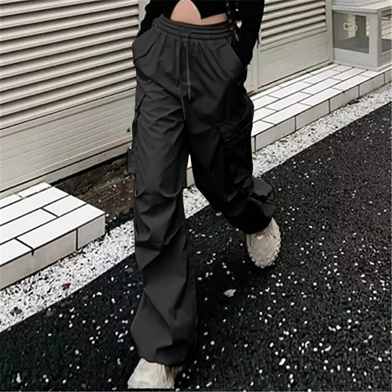 Women Work Pants Women New Pants Sense Of Casual Sports Pants Drawstring Cargo Pants Wide-leg Style Multiple Pockets High Waisted Black M