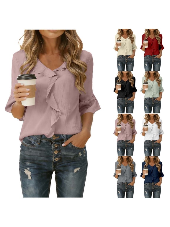Women Work Out Tops Sawvnm Women's Fashion Spring/Summer Solid Color V-neck Lace Collar Lace Short Sleeve Five-in-a-Sleeve Shirt/Top Tank Tops for Women Pink S