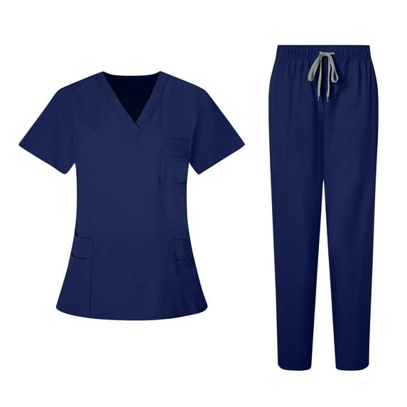 Women Working Set Suit Solid Color Loose Drawstring Pants Pocket Caregiver+V-Neck Blouses Nursing Uniform Set Navy L