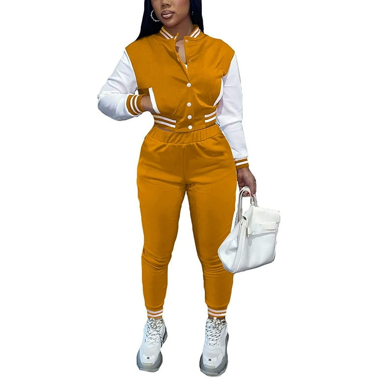 Women Workout 2 Piece Outfits Button Down Color Block Patchwork Jackets  Bodycon Long Pants Tracksuit,orange,medium,F83713 