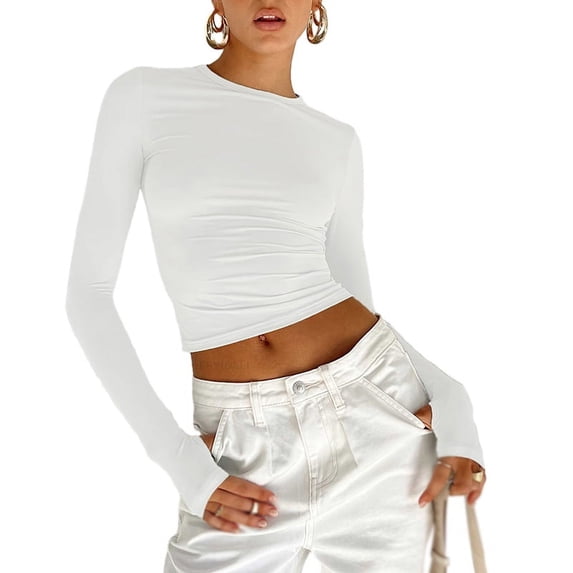 Women Workout Athletic Gym Slim Fitted T Shirts Y2K Tops Solid Color Long Sleeve Round Neck Crop Pullover  Tight Tee Shirts S-L
