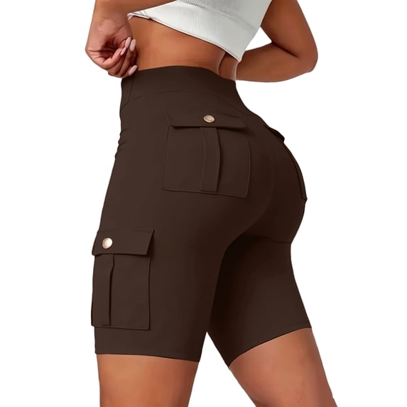 Women Workout Biker Shorts with Cargo Pockets Butt Lifting High Waisted Tummy Control Short Leggings, L