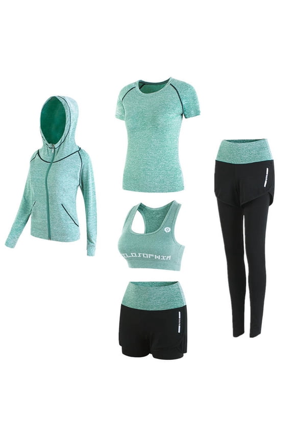 Women Workout Clothes Set 5 PCS Exercise Athletic Outfits Set (1 short sleeves + 1 Pants + 1 shorts +1 sports bra+1 Outerwear)