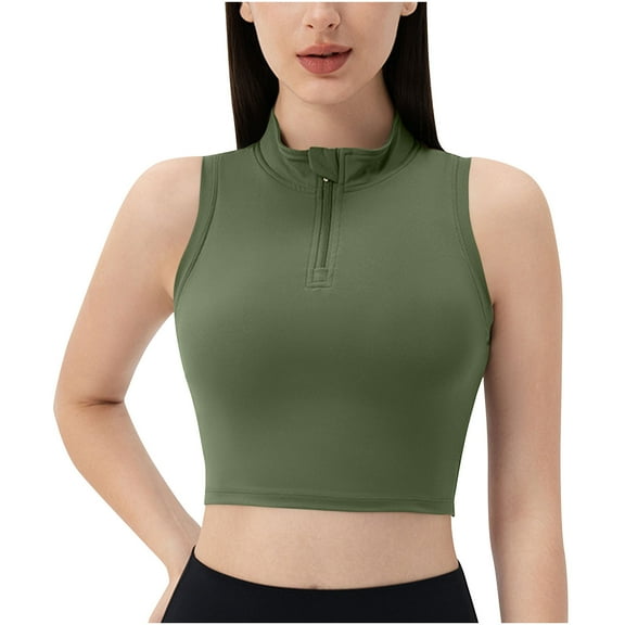 Women Workout Crop Top Detachable Built in Bra Ribbed Tank Tops Half Zipper Sleeveless Collar Athletic Shirt Slim