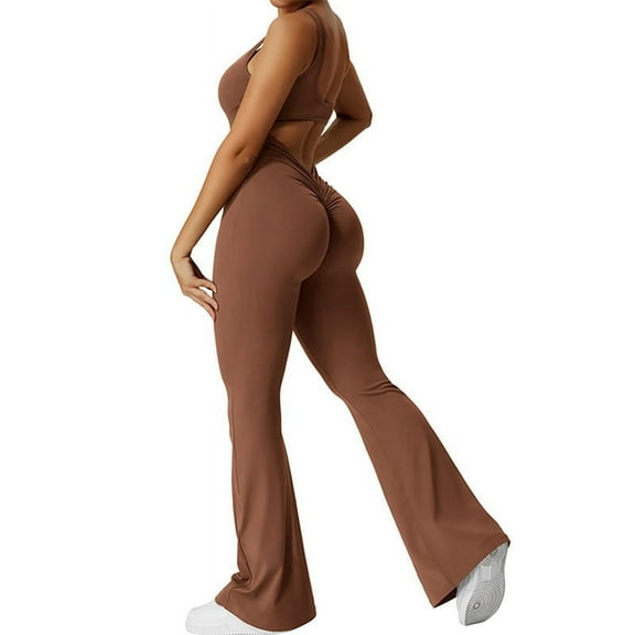 Women Workout Flare Jumpsuits Backless Butt Lift Gym Yoga Jumpsuits Coffee Color XL