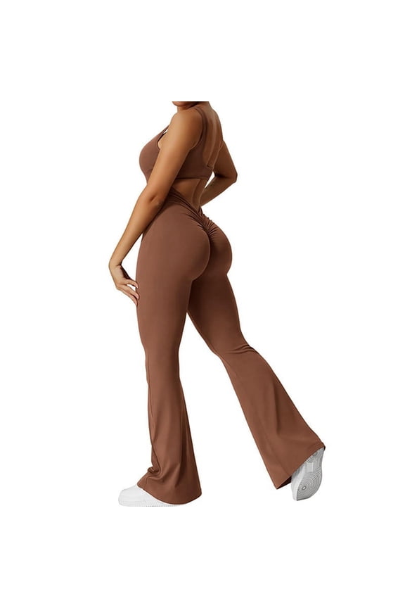 Women Workout Flare Jumpsuits Backless Butt Lift Gym Yoga Jumpsuits Coffee Color XL