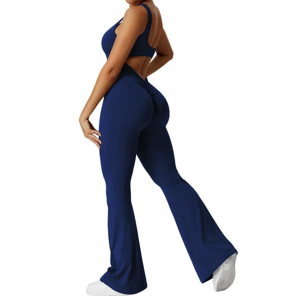 Women Workout Flare Jumpsuits Backless Butt Lift Gym Yoga Jumpsuits Navy Blue S