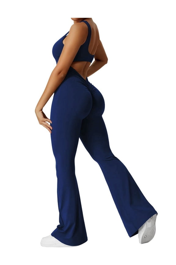 Women Workout Flare Jumpsuits Backless Butt Lift Gym Yoga Jumpsuits Navy Blue S