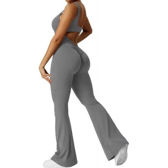Women Workout Flare Jumpsuits Sexy Backless Gym Bodycon Scrunch Butt Yoga Rompers V Back Lizvette