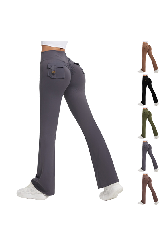 Women Workout Flare Leggings with Pockets Hidden Scrunch High Waisted Cargo Gym Yoga No Front Seam Leggings Gray S