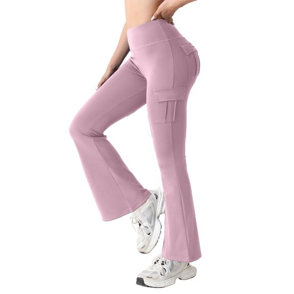 Women Workout Flare Leggings with Pockets Hidden Scrunch High Waisted Cargo Gym Yoga No Front Seam Leggings Pink M