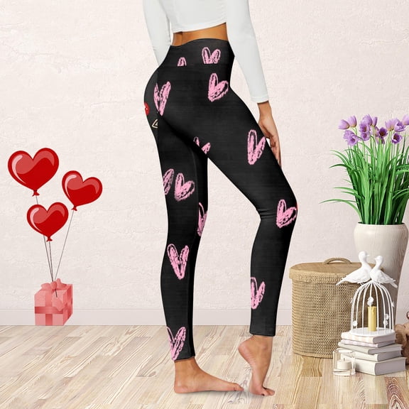 Women Workout Leggings Valentine Heart Graphics Solid Elastic High Waisted Yoga Pants Cozy Soft Holiday Tummy Control Casual Tights Black L