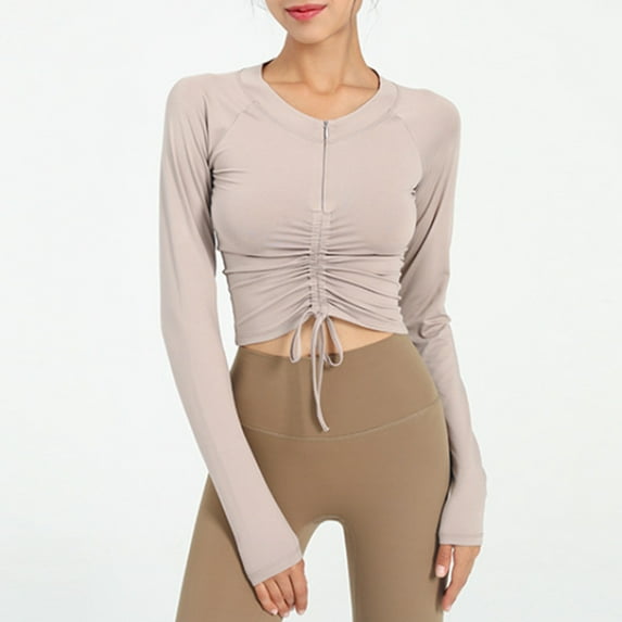 Women Workout Lightweight Jackets Zip Up Top Sports Running Crop Tops Activewear Slim Drawstring Design Ruched Sweatshirt Tee T Shirt for Athletic Workout Yoga Gym, Beige (Small)