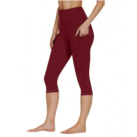 Women Workout Pockets Leggings Fitness Sports Running Yoga Athletic Capris Pants Wine XXL