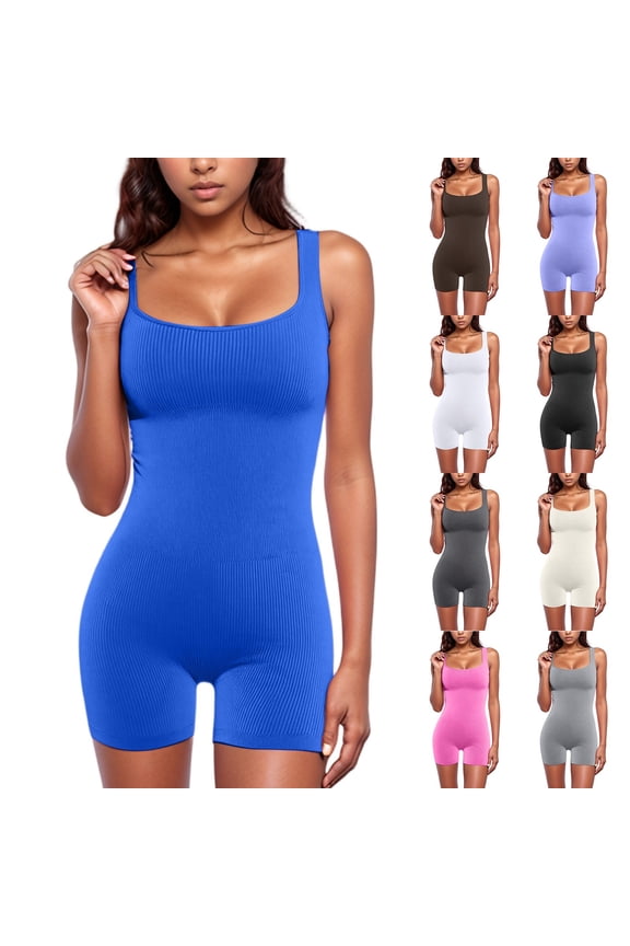 Women Workout Romper Yoga Ribbed One Piece Seamless Tank Top Jumpsuit Beige 2XL