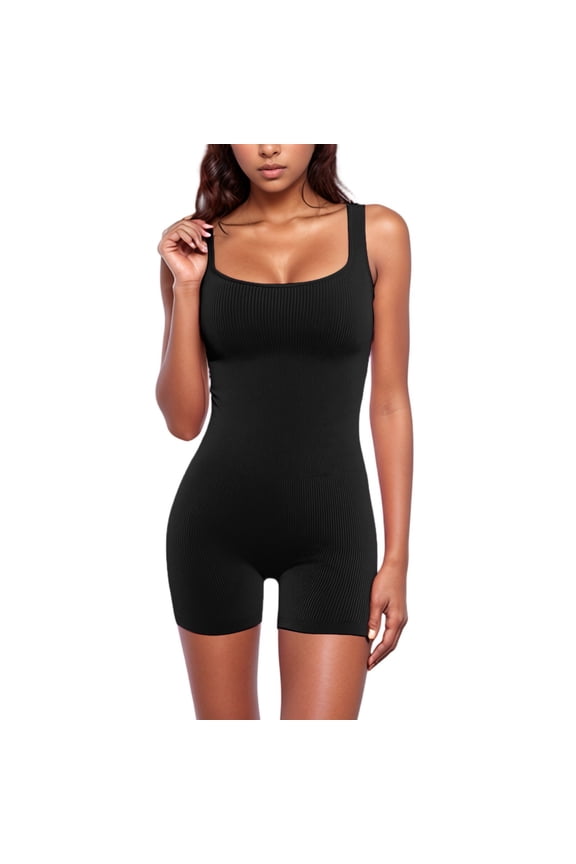 Women Workout Romper Yoga Ribbed Square Neck One Piece Seamless Tank Top Jumpsuit Black L