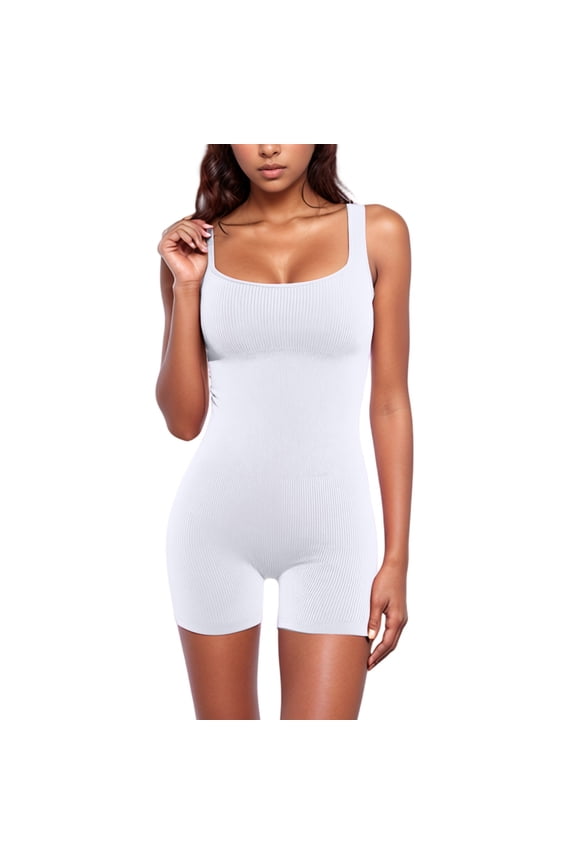 Women Workout Romper Yoga Ribbed Square Neck One Piece Seamless Tank Top Jumpsuit White M