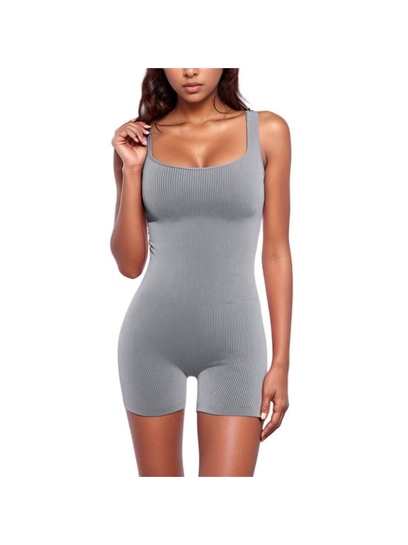 Women Workout Seamless Jumpsuit Yoga Ribbed Bodycon One Piece Spaghetti Strap Shorts Romper Gray M