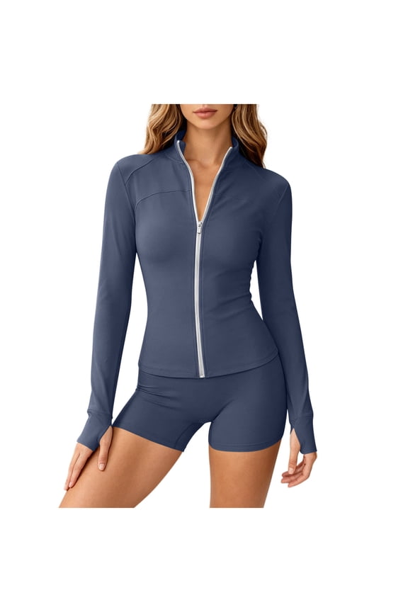 Women Workout Sets 2 Piece Outfits Long Sleeve Zip Up Sweatshirt Jacket High Waist Biker Shorts Set Tracksuits Navy M(M)