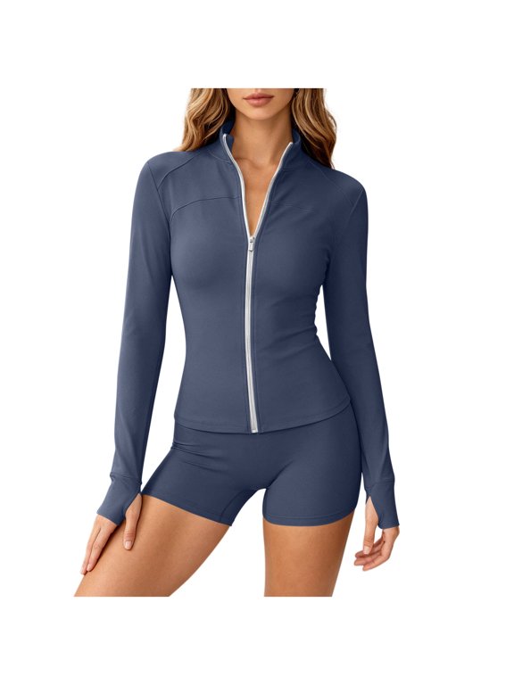 Women Workout Sets 2 Piece Outfits Long Sleeve Zip Up Sweatshirt Jacket High Waist Biker Shorts Set Tracksuits Navy XXL(XXL)