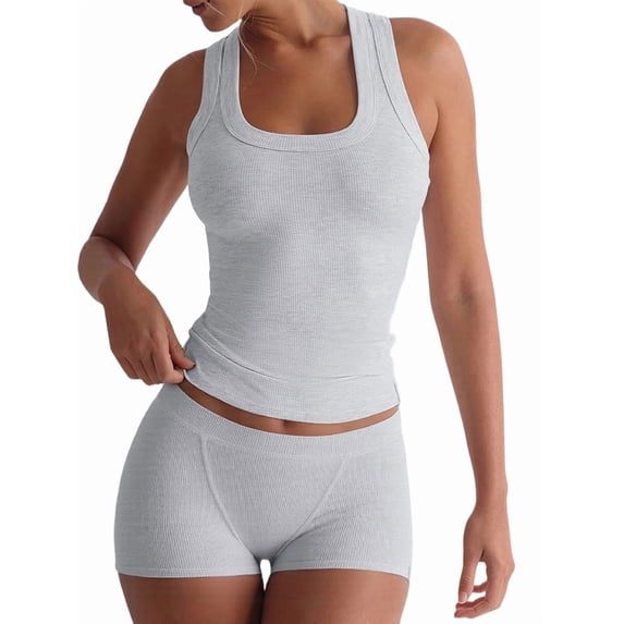 Women Workout Sets 2 Piece Seamless Ribbed Crop Tank High Waist Shorts Yoga Outfits Gray M