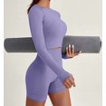 thumbnail image 1 of Women Workout Sets 2 Pieces Long Sleeve Yoga Outfits Gym Clothes Seamless Ribbed Crop Top High Waist Leggings Blue-Purple S, 1 of 6