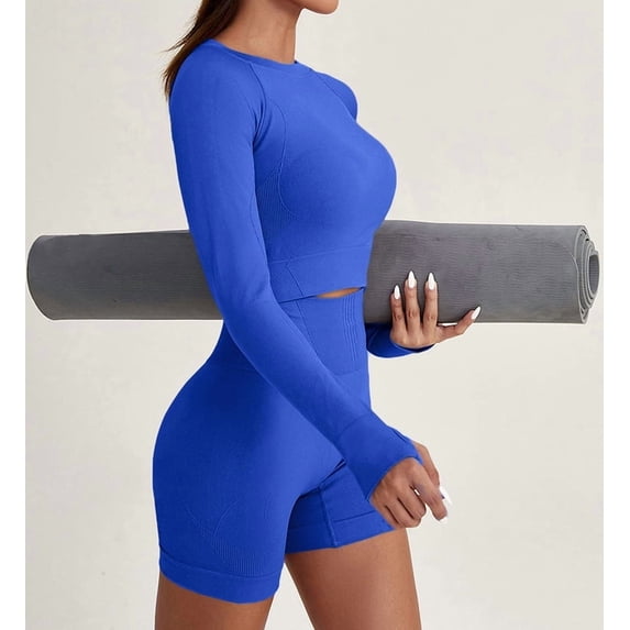 Women Workout Sets 2 Pieces Long Sleeve Yoga Outfits Gym Clothes Seamless Ribbed Crop Top High Waist Leggings Blue S