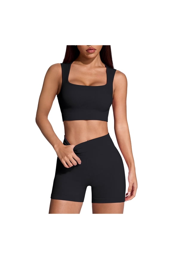 Women Workout Sets Build in Bra 2 Piece Outfits Tank Tops Tummy Control Shorts Yoga Gym Active Wear Clothing Set Bra Tank Tops Sports Bra Gym Clothes Sets (M,Black)