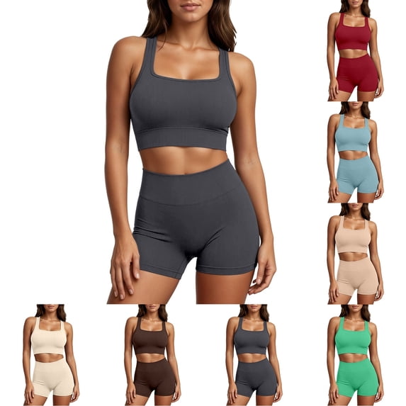 Women Workout Sets High Waisted Biker Yoga Shorts for Women Tummy Control Fitness Shorts & Cropped Vest Cami Tops Sets Yoga Workout Outfits for Women