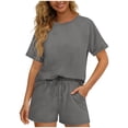 thumbnail image 1 of Women Workout Sets Summer Solid Color Crew Neck Short Sleeve Shirts Drawstring Elastic Shorts with Pockets Sports Sets for Running Biking Dancing, 1 of 5