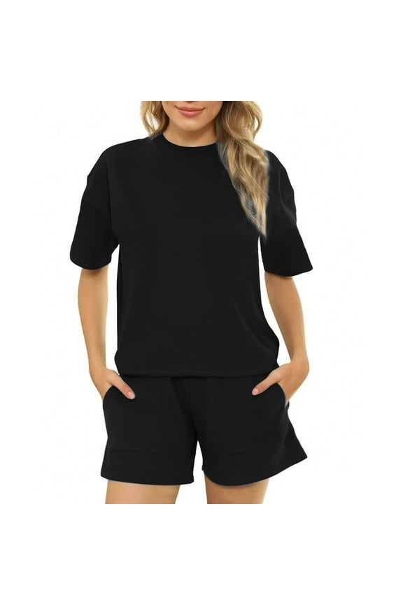 Women Workout Sets Two Pieces Pullover Solid Color Crew Neck T-shirts Pockets Short Pants Gym Athletic Sports Dancing Summer Outfits