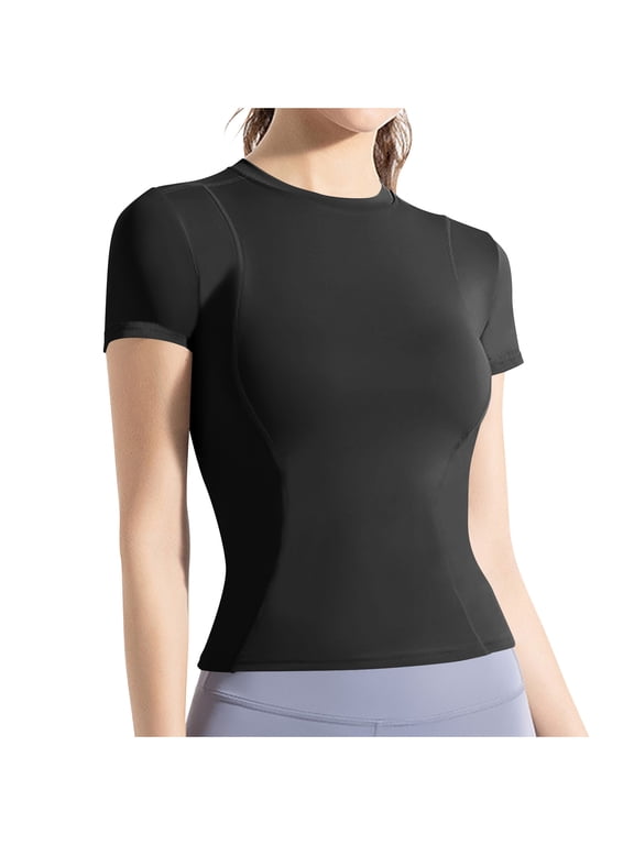 Women Workout Shirts Athletic Compression Tee Slim Fit Yoga Gym Basic Tops Black L
