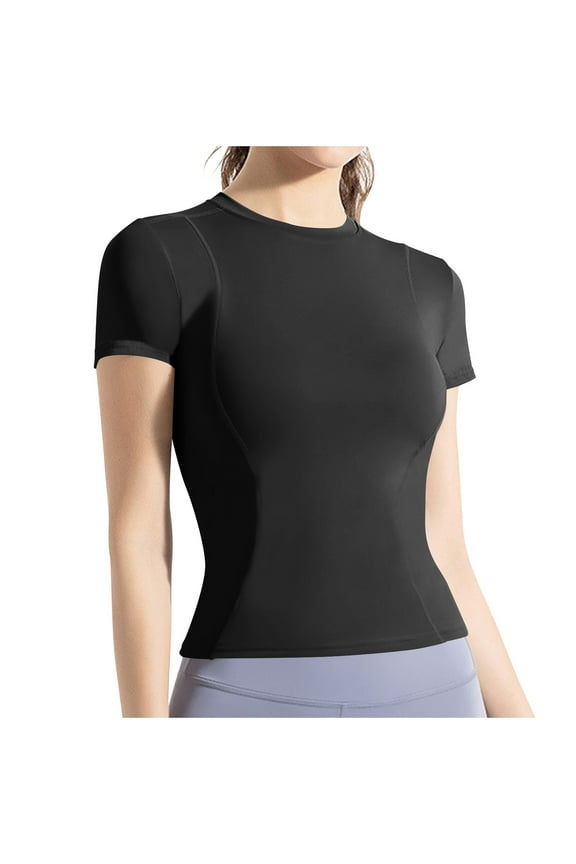 Women Workout Shirts Athletic Compression Tee Slim Fit Yoga Gym Basic Tops Black XXL
