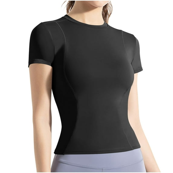 Women Workout Shirts Athletic Compression Tee Slim Fit Yoga Gym Basic Tops Black XXL