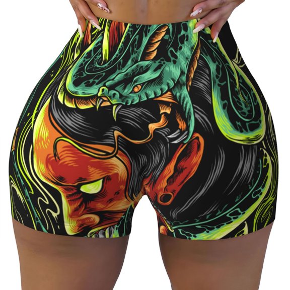 Women Workout Shorts Scrunch Butt Lifting Gym Running Biker Shorts, Devil Snake Demon Japanese