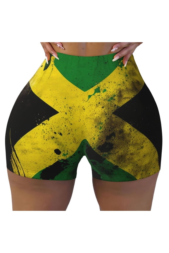 Women Workout Shorts Scrunch Butt Lifting Gym Running Biker Shorts, Jamaican Flag Vintage