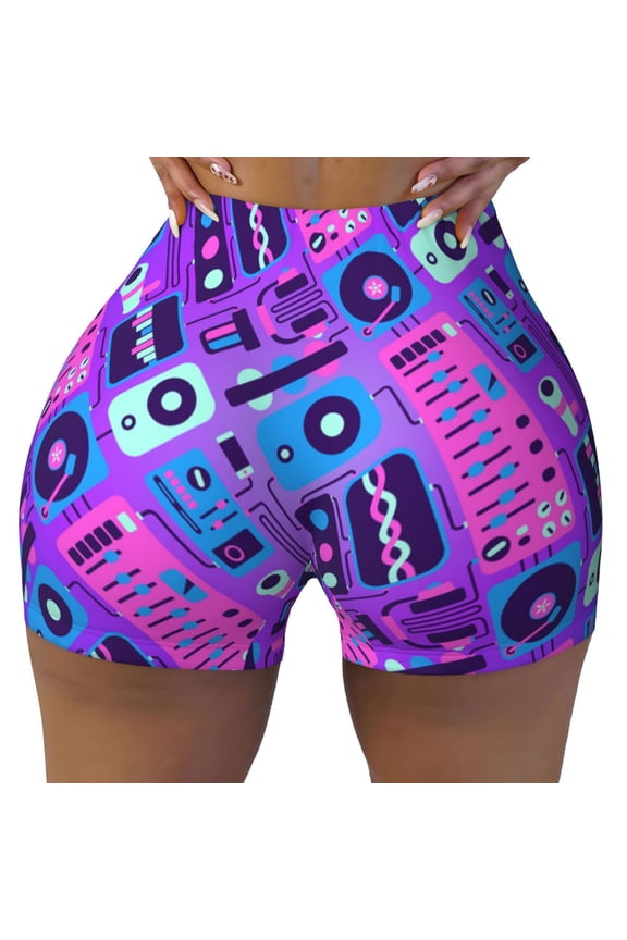 Women Workout Shorts Scrunch Butt Lifting Gym Running Biker Shorts, Music Party Audio Neon Night