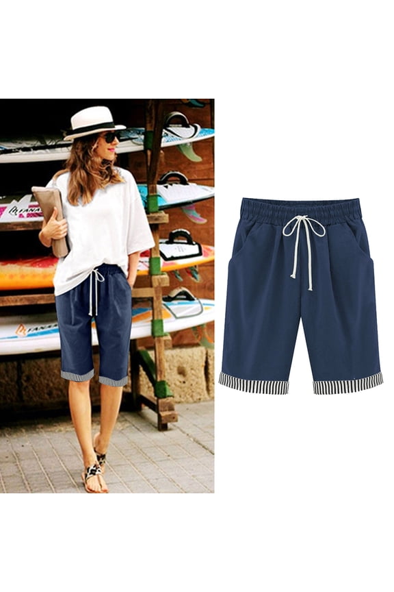 Women Workout Shorts Womens Wide Leg Casual Shorts Drawstring Elastic Loose Bermuda Shorts Wide Leg Cotton Half Short Pants with Pockets Dark Blue XL