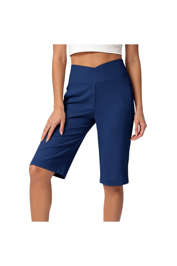 Women Workout Shorts with Pockets Crossover High Waist Stretchy Long Shorts Straight-Fit Yoga Gym Sweatshorts (XL, Blue)